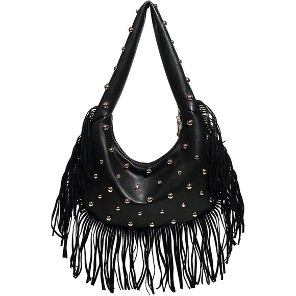 Handbags - Black Women's Fringe Studded Faux Leather Shoulder Bag Zipper Handbag